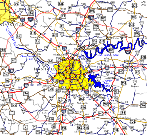 Map of Interstate 840 around the Nashville metropolitan area