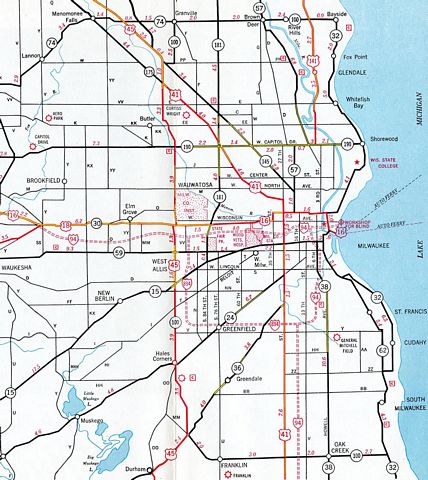 Interstate 894 proposed as a bypass of Milwaukee – 1961 Wisconsin Official Highway Map
