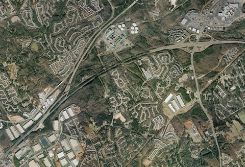 Aerial showing the wye interchange between I-985 and I-85 east of Suwanee, Georgia