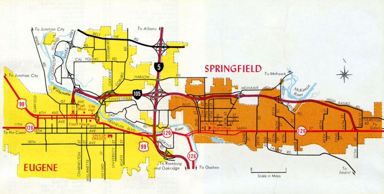 Map inset of Eugene and Springfield on the 1971 Official Oregon Highway Map