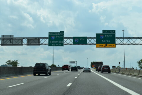 Interstate 90 west at I-77 south to Akron, Ohio