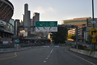 The west end of Interstate 90 at 4th Ave S in Seattle, Washington