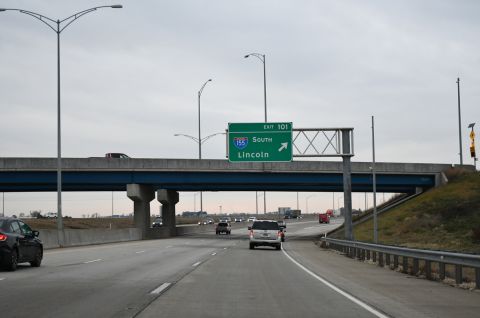 I-74 west at I-155 south to Lincoln, IL