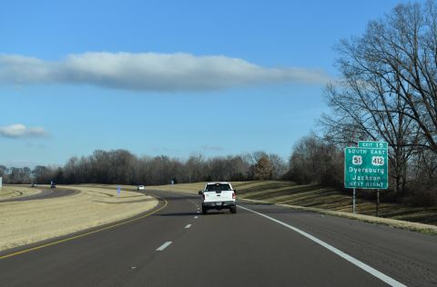 I-155/U.S. 412 east meet U.S. 51 in northeast Dyersburg, Tennessee