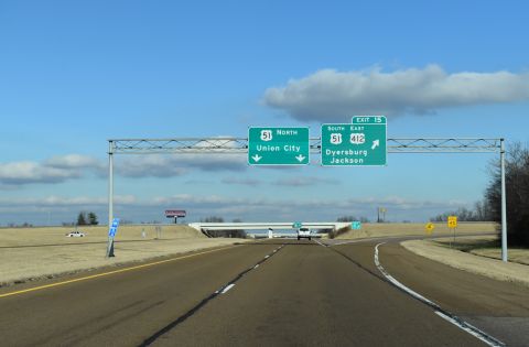 I-155 east transitions onto U.S. 51/Future I-69 north toward Union City, TN