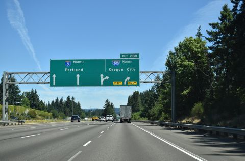 I-205 branches east from I-5 to Stafford and Oregon City, OR