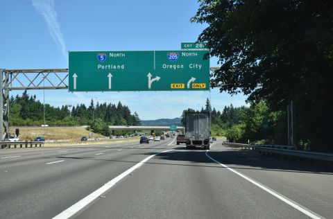 Exit 288 departs I-5 north for Interstate 205 at Tualatin, OR