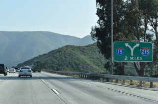 I-15 two miles ahead I-215 at Devore in San Bernardino, California.