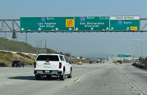 I-15 branches southwest from I-215 to Rancho Cucamonga, CA.