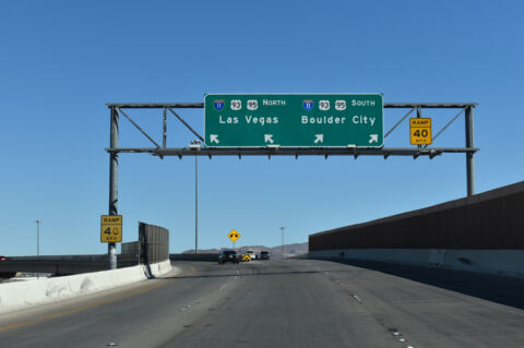 The flyover linking the east end of I-215 separates for Interstate 11 to Las Vegas and Boulder