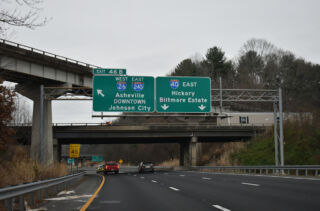 I-40 east splits with US 74 east at I-26/240 in Asheville, NC.