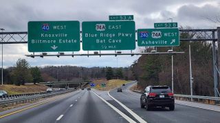 Interstate 40 west at Exit 53 B for I-240/U.S. 74A into Asheville, NC