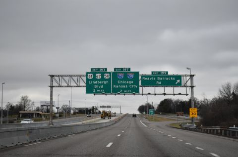 Exit 199 departs I-55 south two miles ahead of I-255/270 at Affton, MO