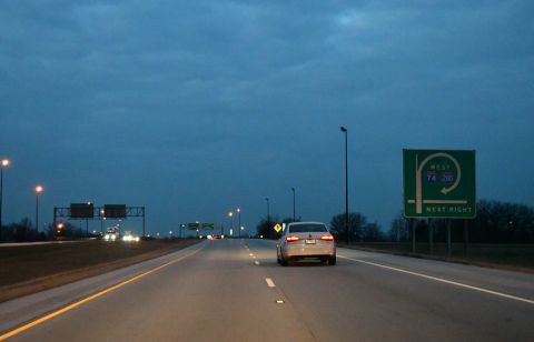 I-74 combines with I-280 west via a TOTSO movement