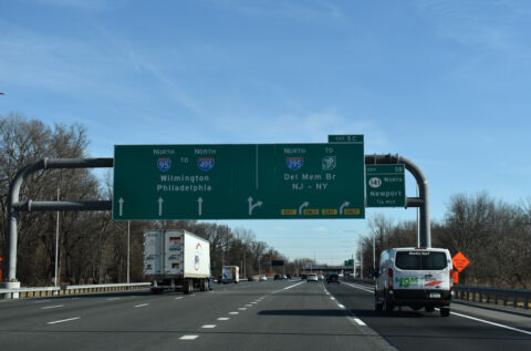 The beginning of I-295 north separates from I-95 near Newport, Delaware