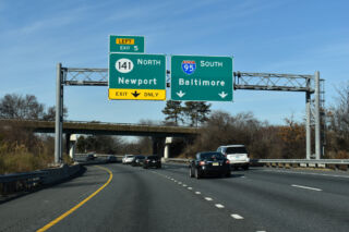 I-295 continues south onto I-95 south at SR 141 near Newport, Delaware