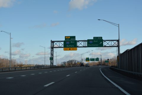Exit 20 A leaves I-390 north for I-490 east to Downtown Rochester.