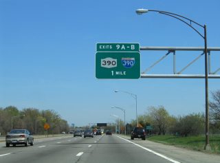 Advance button copy sign for I-390/NY 390 on I-490 east.