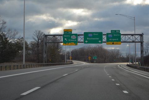 I-490 east at NY 390 north to Greece.