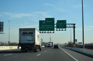 I-95 north one mile ahead of I-395 north to Baltimore's Inner Harbor.
