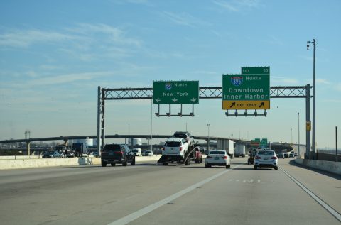 I-95 north at I-395 (Cal Ripken Way) northbound in Baltimore.