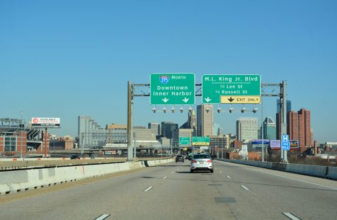 I-395 north ahead of Martin Luther King, Jr. Boulevard in Baltimore, MD.