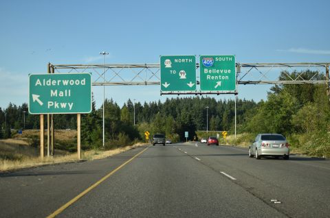 Exit 182 separates from I-5 north for I-405 south and SR 525 north