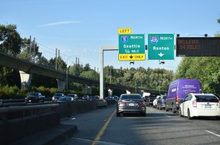 SR 518 east enters Tukwila, WA ahead of I-5 and I-405 north.