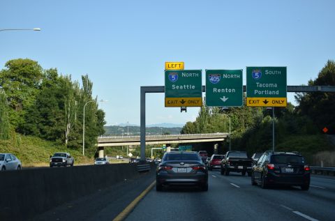 SR 518 meets I-5/405 beyond the exit for 51st Ave S/Westfield Southcenter