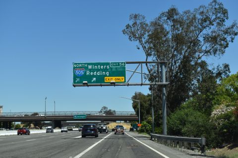 Two lanes separate from I-80 east for I-505 north in Vacaville, CA.