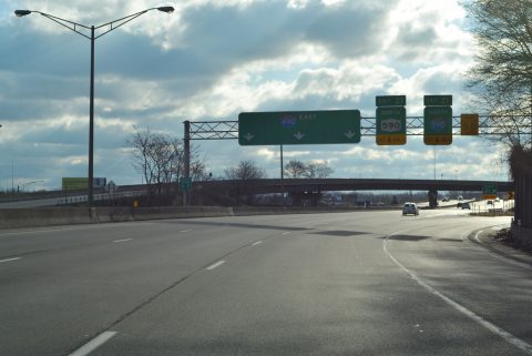 I-490 east at the Can of Worms Interchange with I-590 south/NY 590 north.