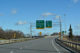 Flyovers connect I-590 with I-490 west to Downtown Rochester and east to Victor.
