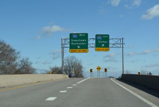 Traffic separates at the Can of Worms Interchange for Interstate 490.