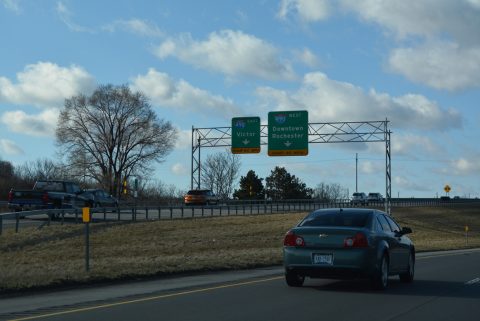 Flyovers depart from NY 590 south to I-490 at the Can of Worms Interchange.