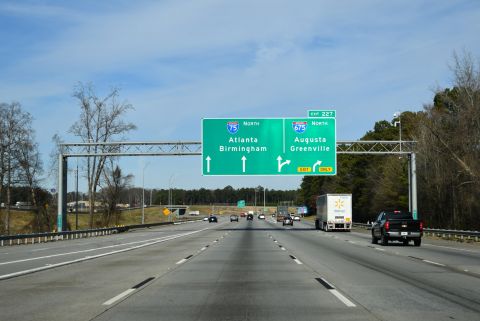 I-675 branches north from I-75 ahead of Ellenwood, Georgia