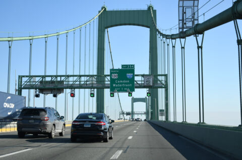 Interstate 76 crossing the Walt Whitman Bridge ahead of I-676 in South Jersey