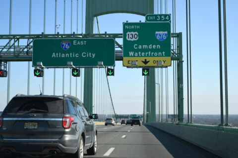 I-76 lowers from the Walt Whitman Bridge to Exit 354 for I-676 and U.S. 130
