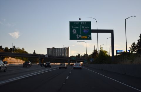 Exit 133 departs I-5 south for I-705 north and SR 7 south in Tacoma, WA