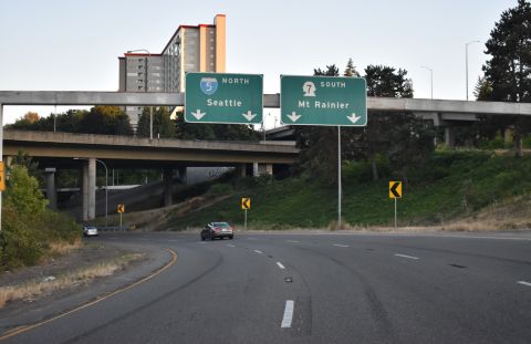 I-705 south drops below grade through the systems interchange with I-5