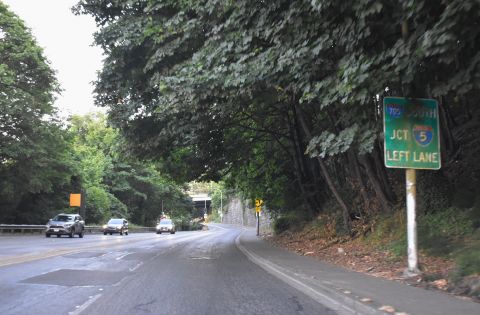Shuster Pkwy south meets I-705 at Pacific Ave in Tacoma, Washington