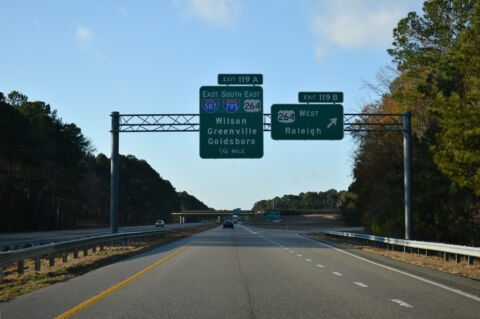 Exit 119 B departs I-95 south for Future I-587/US 264 west at Wilson, NC