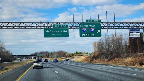 I-40 west at I-785/840 north to Reidsville and Danville, VA.