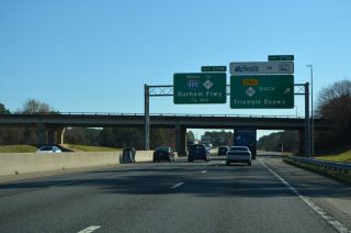 I-40 east at NC 885 (TriEx) south to Morrisville.