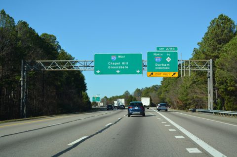 Two lanes depart from I-40 west for I-885 north to Durham, NC.
