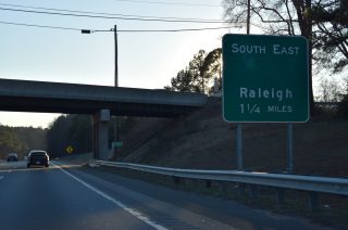 I-85/US 15 south enter Durham, NC ahead of I-885/US 70.