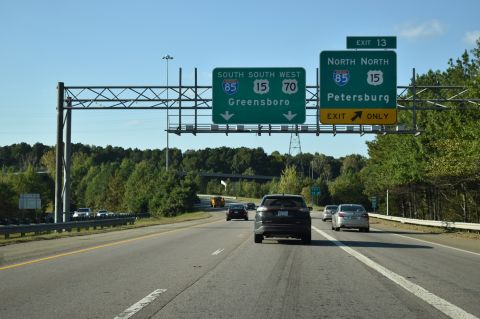 I-885 north at I-85/US 15 north to Petersburg, Virginia.
