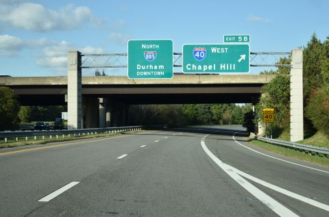 NC 885 (TriEx) transitions into I-885 (Durham Freeway) at Exit 5 B.